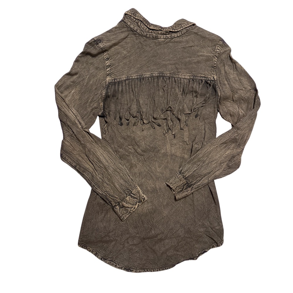 Nostalgia Grey Brown Acid Wash Fringe Western Rayon Button Down Shirt Medium NWT - Picture 2 of 5